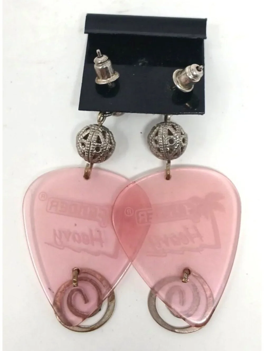 Fender Pink Heavy Guitar Pick Earrings SilverTone Bead Swirl Music Guitar #J1-Dp